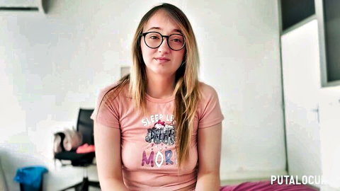 Young busty blonde Emejota in casual pink t-shirt, chatting on cam