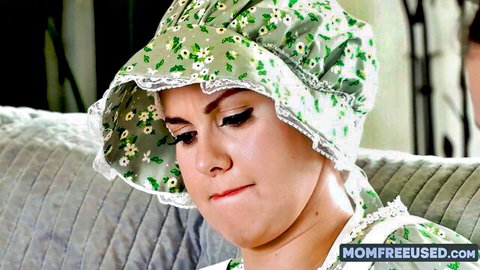 Jessie Rogers as curvy Amish girl in bonnet, seductive pout