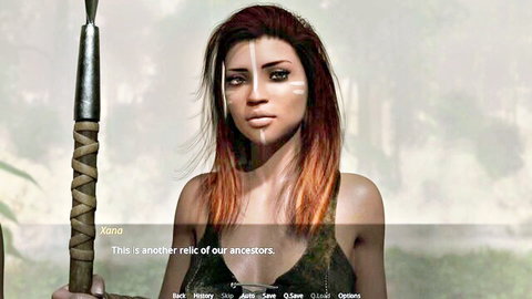 Red-haired tribal woman with face paint holding spear in skimpy outfit