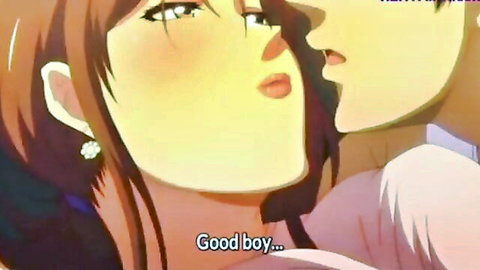 Hentai babe with flushed cheeks kisses young man's face whispering good boy
