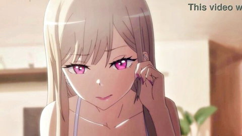 Anime girl with pink eyes smiling seductively touching ear in low-cut white top showing cleavage