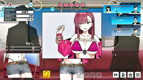 Busty pink-haired hentai girl in pink bikini top and shorts flaunting massive tits cleavage
