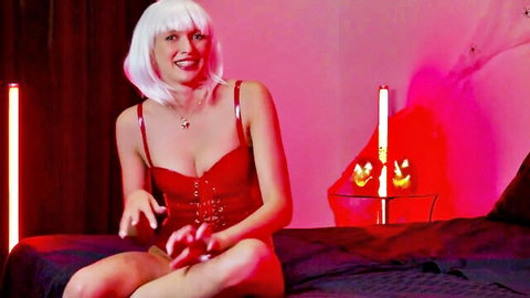 Stacy Cruz as horny white witch in red corset, Halloween cosplay tease