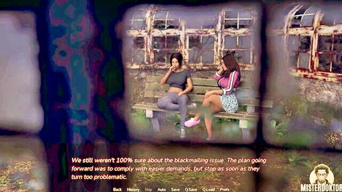 Two women in casual outfits plotting blackmail on outdoor bench, big tits tease