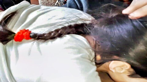 Asian lesbian teacher receiving cunnilingus, braided hair, intimate oral scene