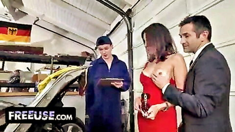 Brunette in red dress teases with mechanic and suited man in freeuse scene