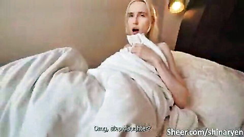 Shocked blonde stepdaughter gasps OMG clutching white sheets to her chest in taboo bed scene