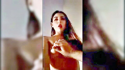 Brunette beauty's perky bare tits squeezed hard by man's hand in bathroom selfie