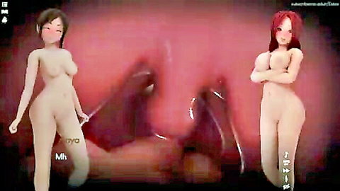 Nude anime girls in anal vore and unbirth fetish scene, curvy hentai models