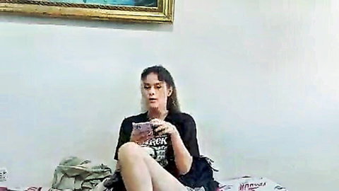 Amateur Latina step-sister in t-shirt poses provocatively for deepthroat scene