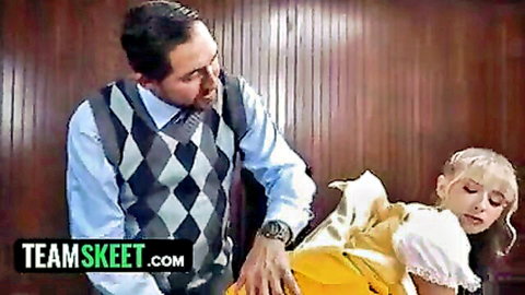 Flexible blonde in yellow dress bent over for teacher scholarship