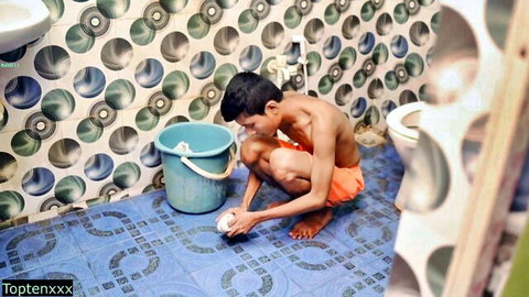 Young Indian boy servant cleaning bathroom for stepmom Kajal taboo