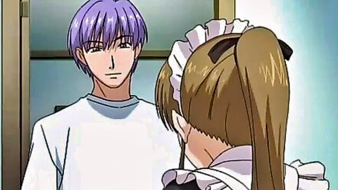 Anime hentai maid in frilly dress viewed from behind by purple-haired guy