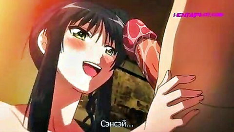 Black-haired hentai babe with green eyes smiles gripping thick red cock to her open mouth