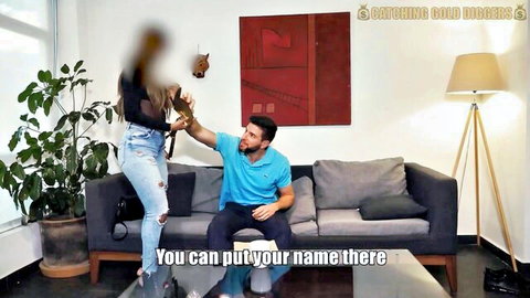 Tanned Latina brunette in sheer top and ripped jeans grabbed by stud on sofa in steamy tease