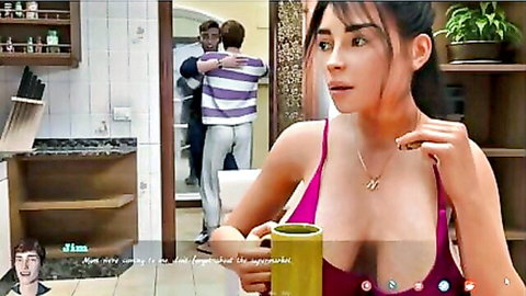 Busty wife with huge tits in tight pink top shocked holding coffee mug seeing husband hug woman in mirror