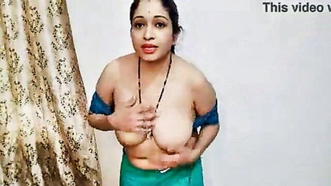 Indian housewife squeezing her huge bare tits topless in green saree
