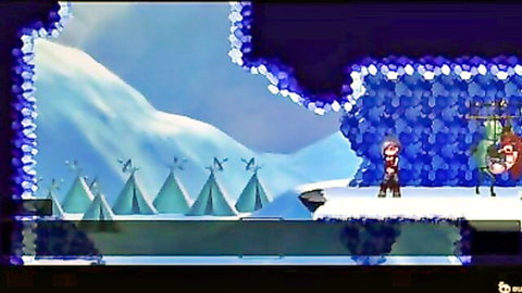 Anime elf girl smiles with green monster on snowy fantasy stage in hentai episode