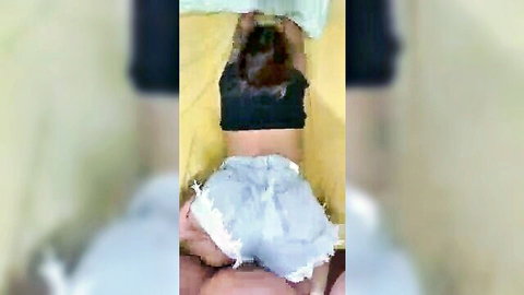 Amateur brunette with big ass fucked from behind in pulled-down shorts