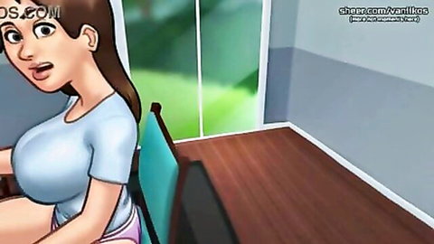 Surprised brunette stepmom in tight blue top with big breasts, Summertime Saga game scene