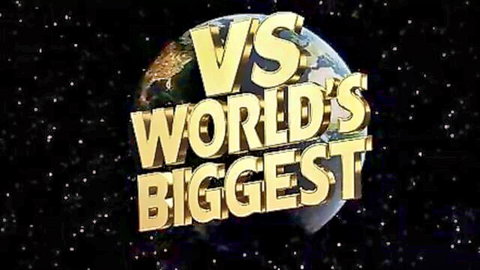 Golden 'World's Biggest VS' text over Earth globe on starry black background
