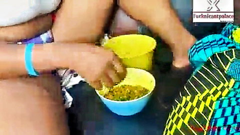 Ebony stepsisters prepping spicy meal before doggy fuck session