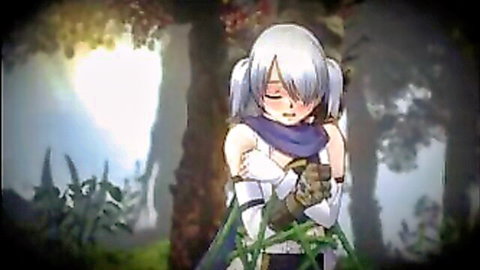 Anime girl with white twin tails in revealing green outfit, shy pose in forest from Iris Chronicle Defeated part1