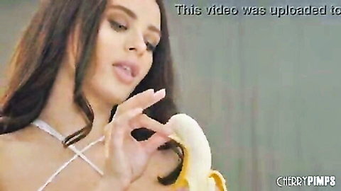Lana Rhoades teases with banana in sexy white lingerie, big boob hottie