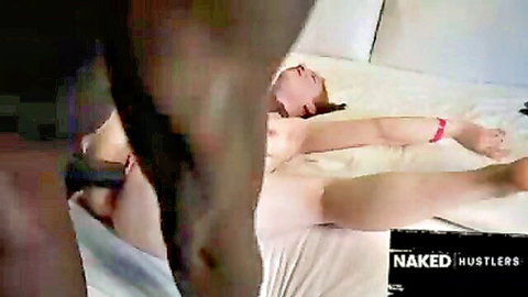 Redhead with small bush spreads legs for BBC on bed