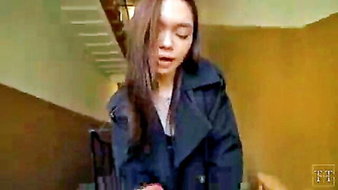 Asian nympho in trench coat teases in hallway before random hardcore hookup