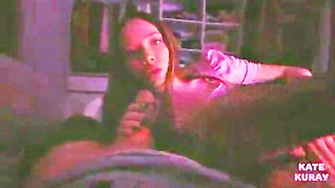 Young brunette babe holding thick cock to her lips in amateur homemade blowjob