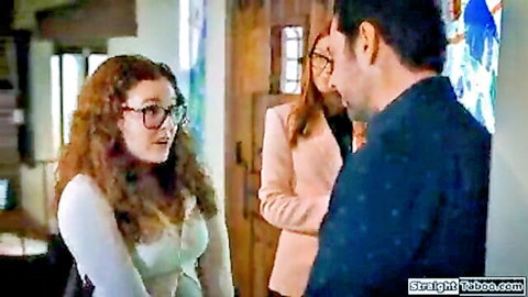 Two redhead women in blouses confront dark-haired man in tense encounter
