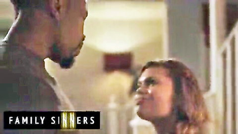 Interracial couple gazing passionately in close-up Family Sinners taboo scene