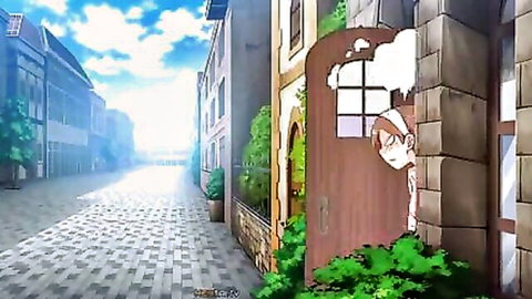 Anime witch girl peeking from door in sunny street hentai scene