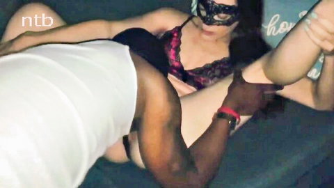 Small titted white wife in lace lingerie gets fucked by black lover