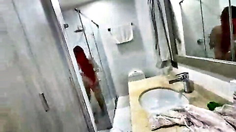 Red-haired girl with huge tits showering, caught peeking in bathroom
