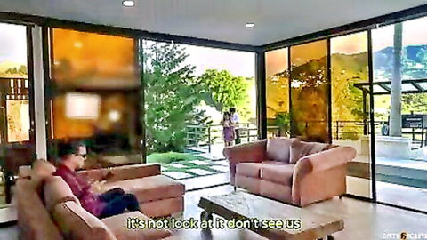 Blind man's daughter fucked next to him on couch, cum drops mistaken for cream
