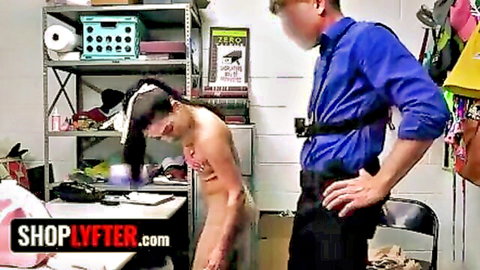 Naked shoplifter babe bent over desk exposing tight ass and pussy with man groping her from behind