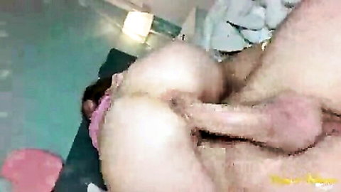 Man's thick cock deeply penetrates small ass babe's wet pussy doggy style with pink panties pulled aside