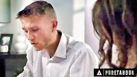 Stepbrother in white shirt stares intently at brunette stepsister's long hair in taboo bedroom scene