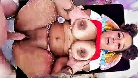 Thick ebony with huge natural tits smeared in cum holds them up in messy POV creampie closeup