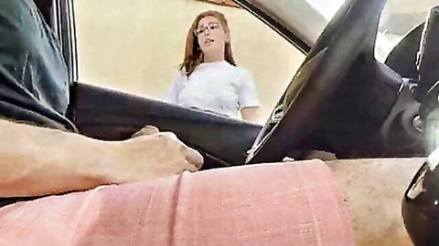 Bia Ruyva as hot medic giving handjob in car, redhead POV