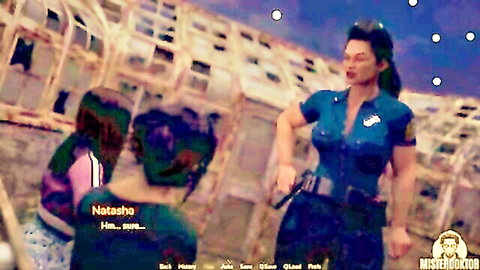 Muscular policewoman with big tits confronts girl in ruined arena