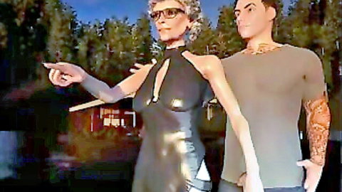 Mature granny in sexy black dress with young tattooed man outdoors