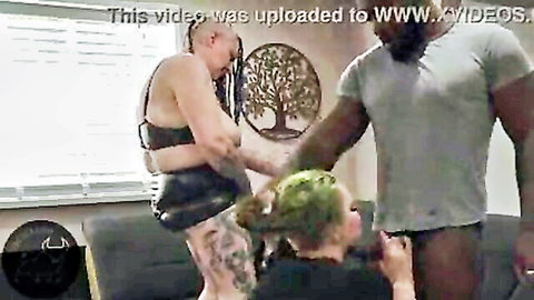 Trans femdom pegging cuckold with muscular black bull and green-haired domme