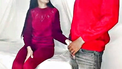 Indian skinny girl in red outfit impresses boss on bed, tight pussy tease