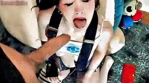 Asian girl in sexy harness gives sloppy blowjob to big dick