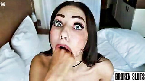 Brunette with wide eyes in rough self face fuck, throat play and big facial