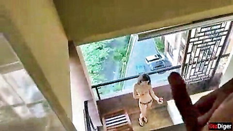 Katty West masturbates nude on balcony, voyeur peeps in