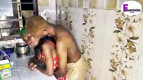 Petite ebony in rough kitchen sex with black stud, homemade African porn